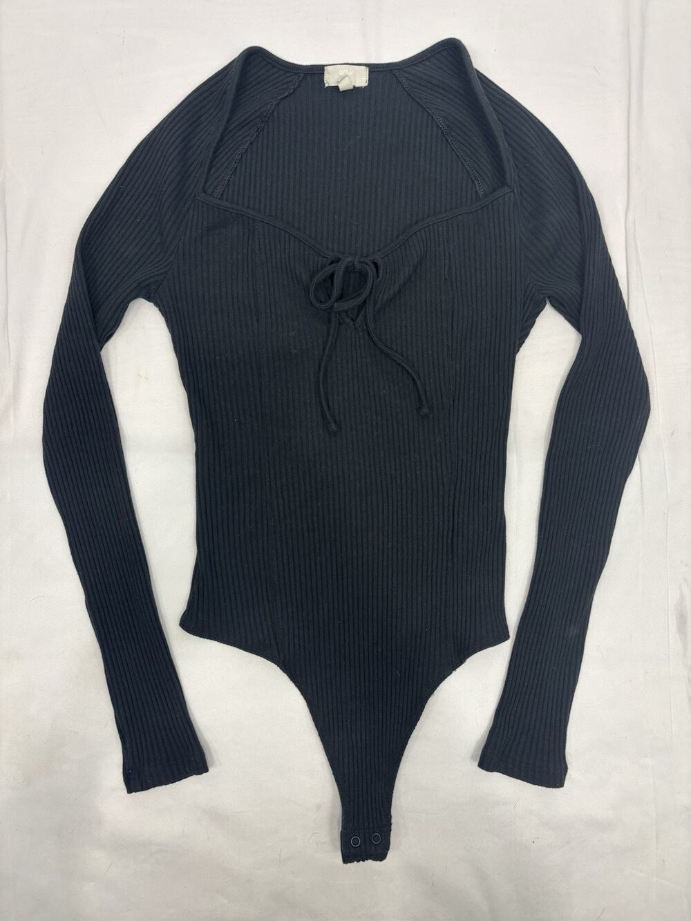 Aerie Black Tie Front Ribbed Knit Long Sleeve Bodysuit Sweetheart Neck Size S